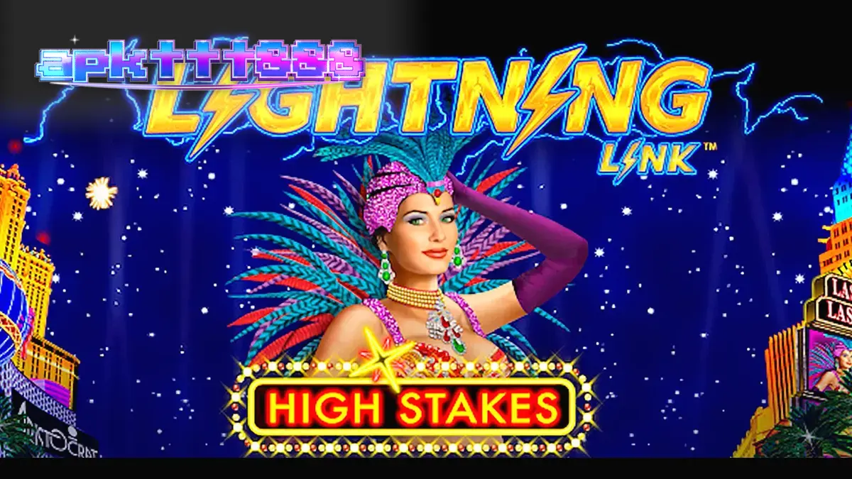 Tampilan layar permainan slot online Lightning Link High Stakes dengan tema kasino Las Vegas.