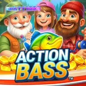 Tampilan layar permainan slot Action Bass dengan latar belakang memancing